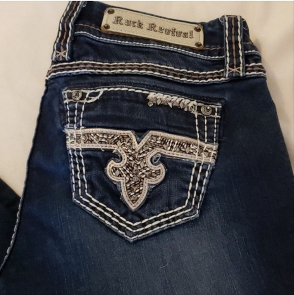 Rock Revival Easy Skinny Chile Blue Jeans Overstitched Luxury Slip Pocket Chic - Picture 14 of 16